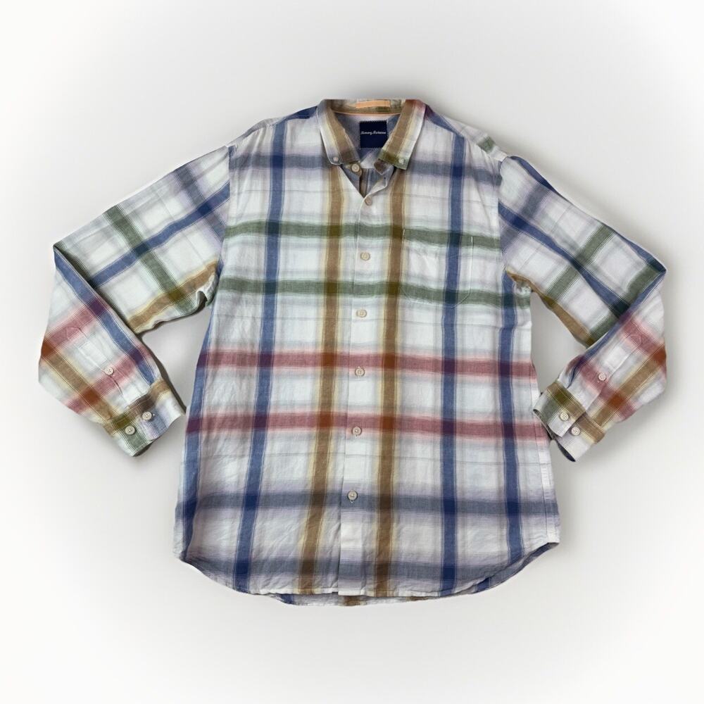 Tommy Bahama Linen Cotton Blend Button Down Shirt Mens L Plaid Long Sleeve Beach